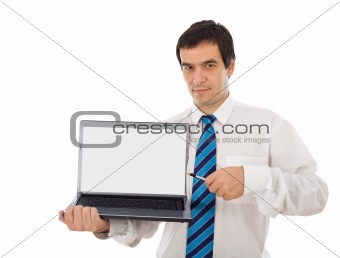 Market analyst showing you laptop screen