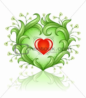 red heart in green leaf