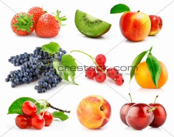 set fresh fruits with green leaves isolated