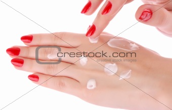 Two woman hands with body cream. Isolated on white.