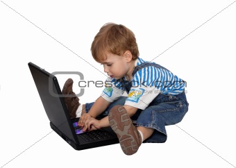 Child Working On Notebook Over White