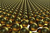 Hundreds of golden golf balls lined up on a mirror