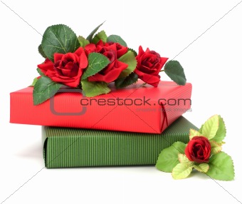 Gift with floral decor. Flowers are artificial. 