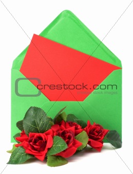 Envelope with floral decor. Flowers are artificial. 