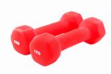Two red dumbbells on white background