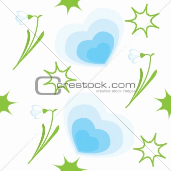 Seamless pattern with hearts, snowdrops and stars