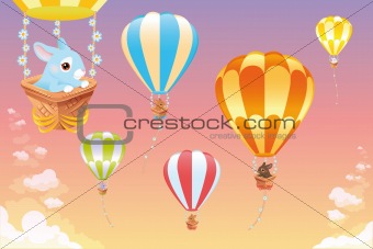 Hot air balloons in the sky with bunny.