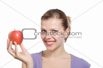 young blonde woman with a red apple