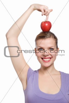 blonde woman with a red apple on her head