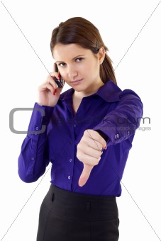 woman with thumb down gesture and mobile phone