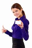 woman holding blank business card giving thumbs up 