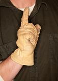 Man with Leather Construction Glove and Number One Hand Gesture.