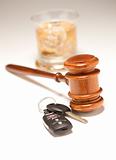Gavel, Alcoholic Drink & Car Keys on a Gradating to White Background - Drinking and Driving Concept.