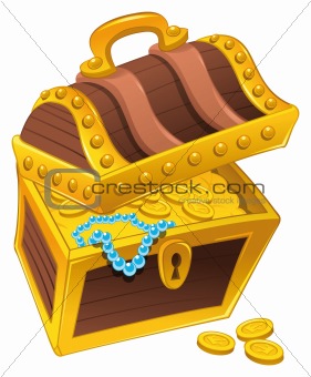 Golden coffer with treasure, full of coins.