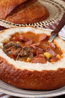 Goulash soup in a bread bowl