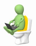 Puppet, sitting with a laptop on toilet bowl