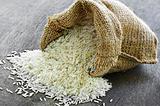 Long grain rice in burlap sack