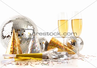 Champagne glasses and disco ball