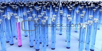 Hundreds of blue test tubes and a pink one