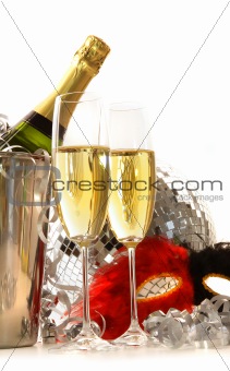  Masquerade Mask and champagne glasses on white 