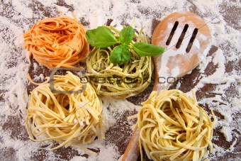 Uncooked italian pasta in three colours