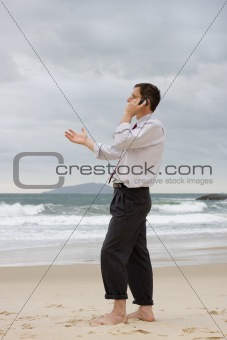 Businessman talking on cell phone on a beach