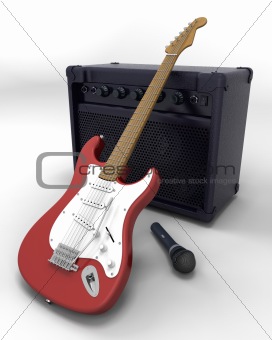 Electric guitar, speaker and microphone