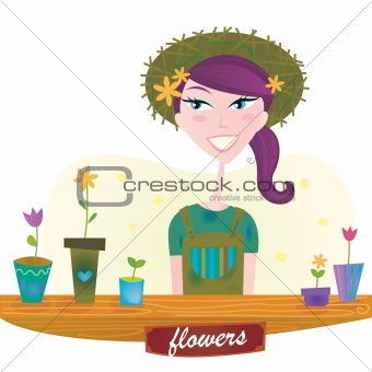 Woman with spring garden flowers