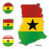 flag of ghana in map and web buttons shapes