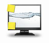 lcd screen with two yellow notes and water wallpaper
