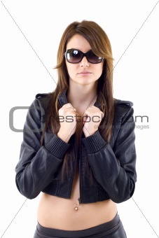 woman wearing leather jacket and pants