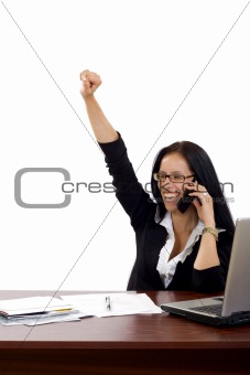 attractive businesswoman on the phone winning