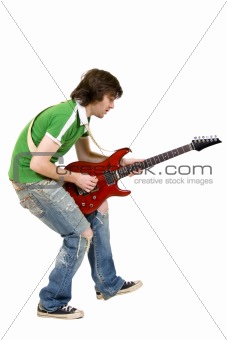 guitarist playing over white