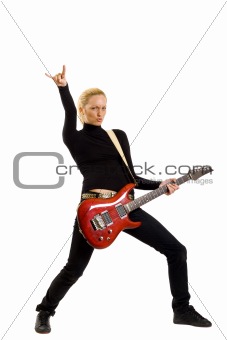 playing the guitar and making a rock sign