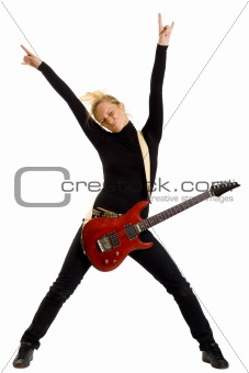 woman guitarist with hands in the air