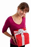 pretty young woman holding a present isolated on white