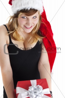 woman holding a christmas gift isolated on white