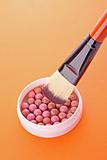 cosmetic brush and rouge  on the orange background