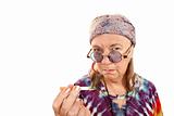 Senior Hippie Lady Smoking