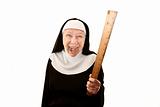 Laughing nun brandishing a ruler