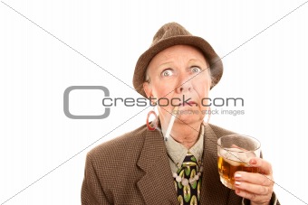 Senior Woman in Man's Clothing with Cigarette and Drink