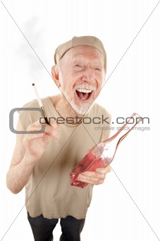 Ragged senior man with cigarette and liquor