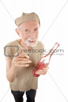 Ragged senior man with cigarette and liquor