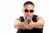 Hispanic Cop Aiming Pistol
