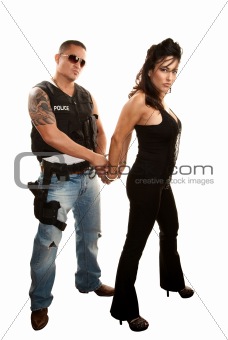 Handsome cop arresting pretty Latina woman