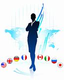 Businesswoman Leader on World Map with Flags