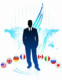 Businessman Leader on World Map with Flags