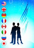 Business team on binary code background with flags