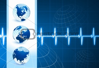 Globes on blue internet background with pulse rate
