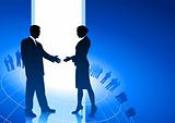 businessman and businesswoman shaking hands internet background
